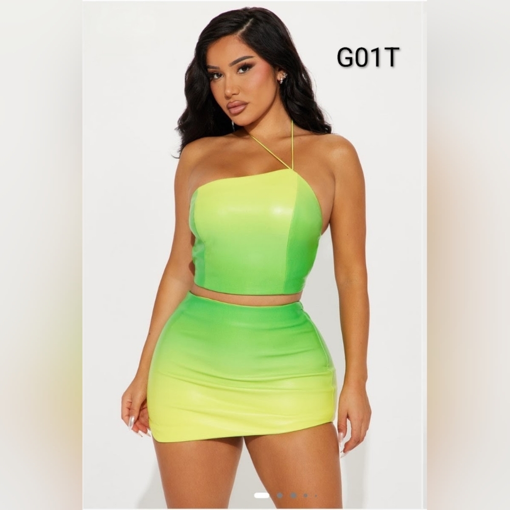 Fashion Nova Lime Green Ombre Two-Piece Skirt Set
